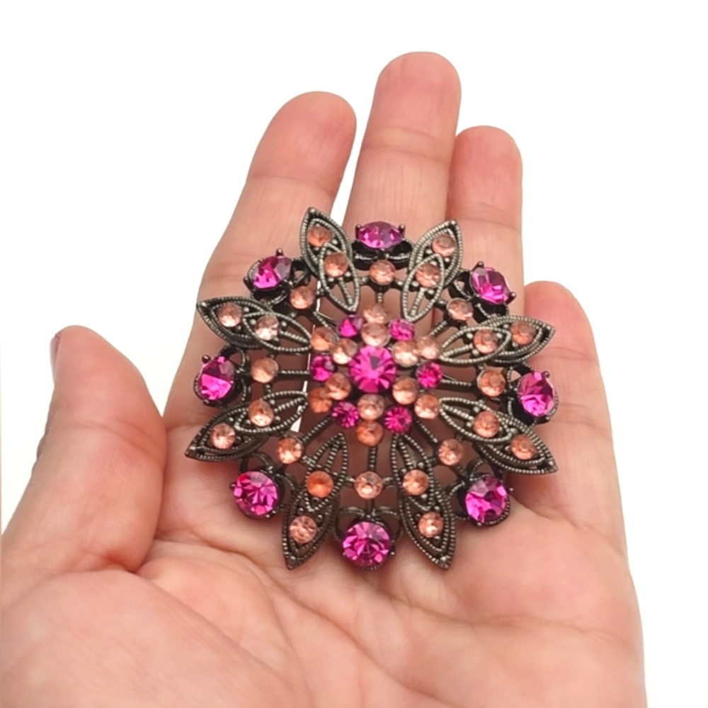 Vintage Hot Pink Fuchsia Layered Large Rhinestones Flower 2” Brooch Pin